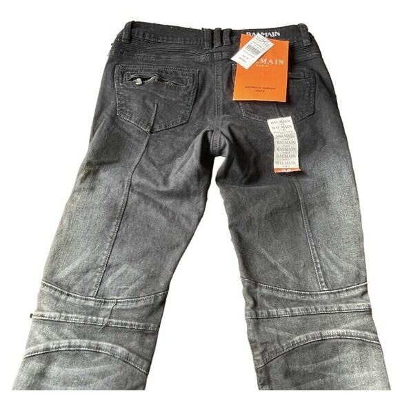 NWT Balmain Jeans Womens Size 26x31 Black Distressed Denim Moto Italy $2250 - Picture 3 of 13